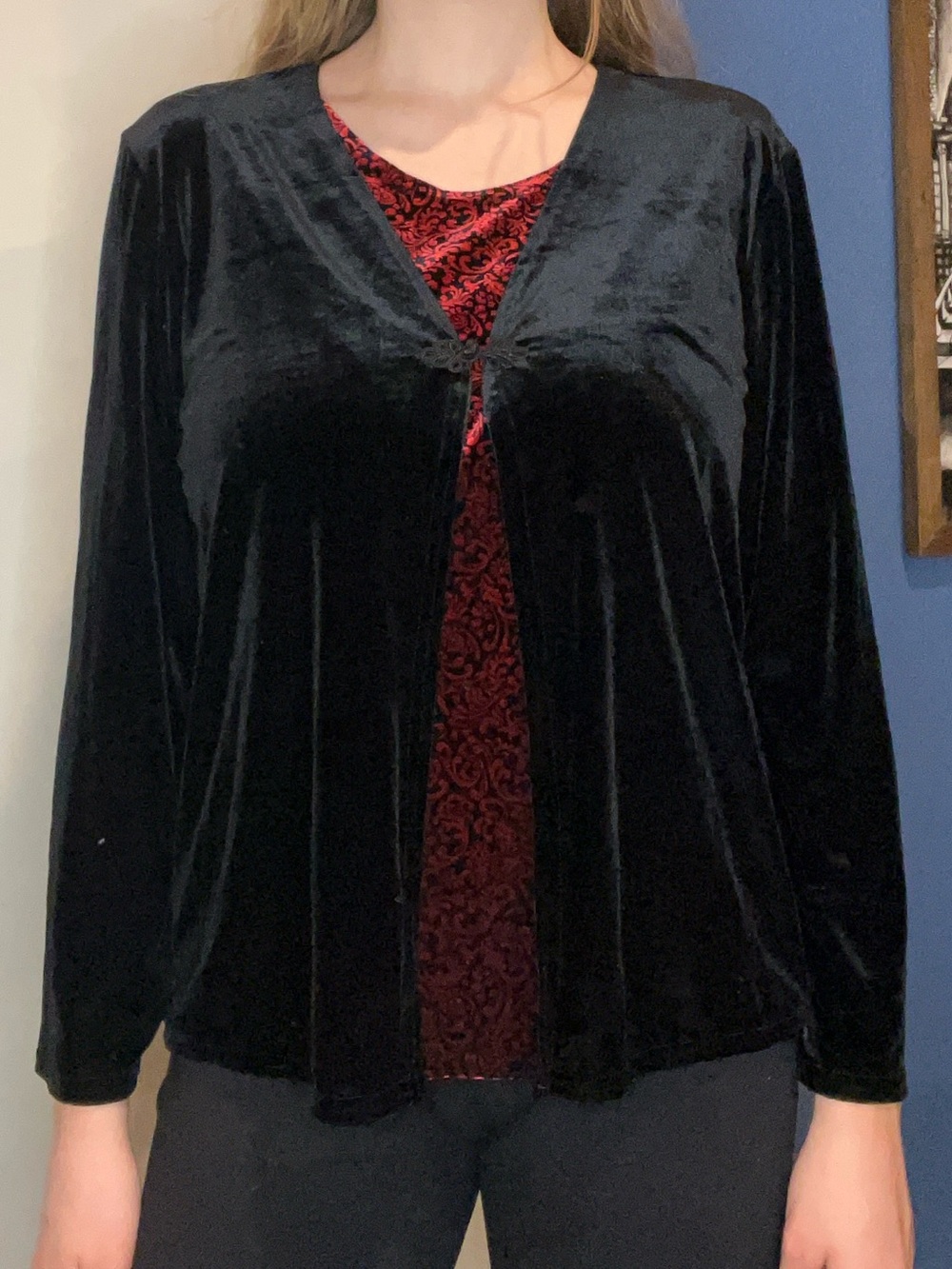Kathie Lee Collection Black Velvet Open Cardigan with Red Damask Shell
